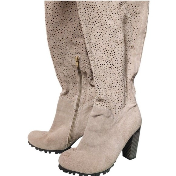Avon Womens Tan Suede Perforated Part Spike Sole Block Heel MidCalf Boots Size 9 - Picture 6 of 15